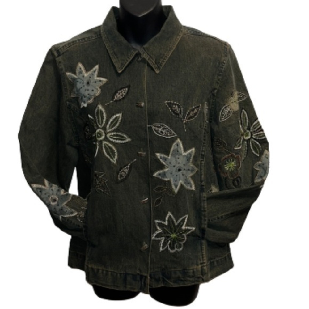 Keren Hart distressed blue embroidered jean jacket NWOT size M